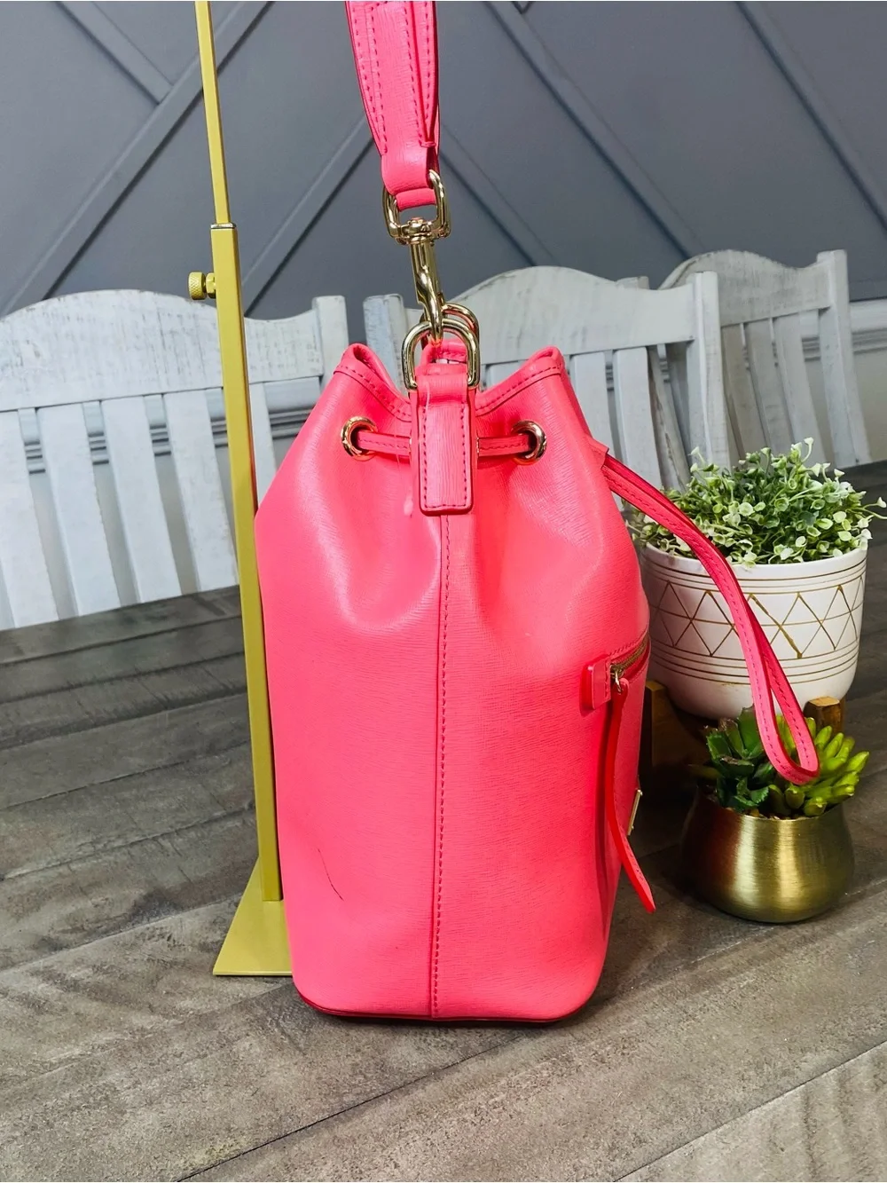 Dooney & Bourke Saffiano Leather Drawstring Bucket Bag Hot Pink Neon